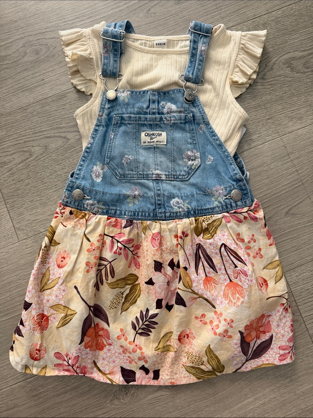 OshKosh B'gosh Denim Floral Overall Dress/Shein Cream Top Bundle
